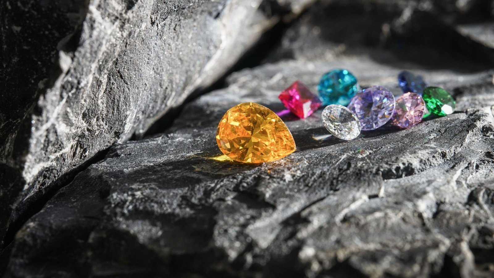 The glimmering natural colorful sapphire gemstones on a rugged rock surface