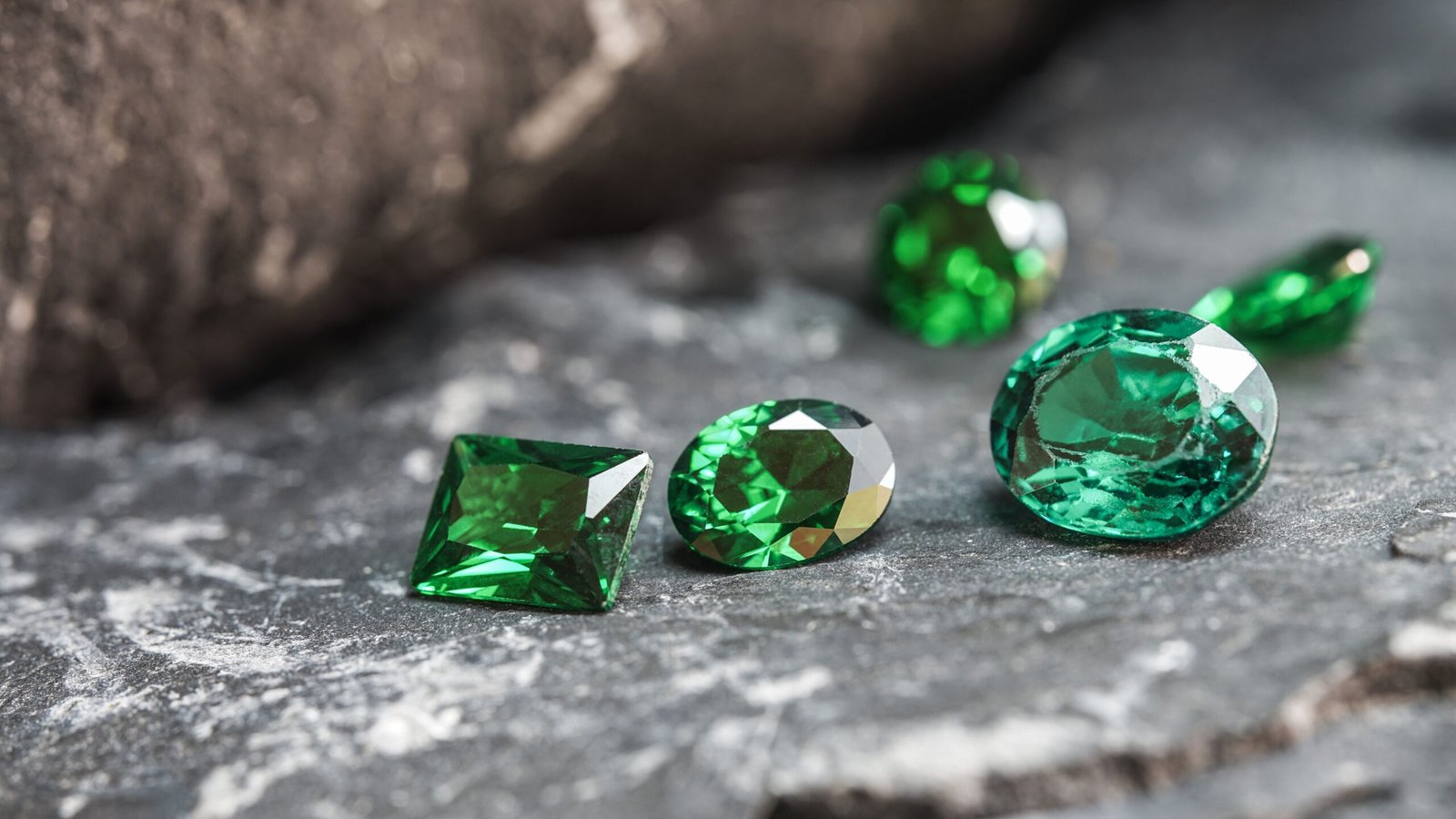 The glimmering natural green sapphire gemstones on a rugged rock surface